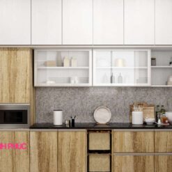 Kệ tủ bếp chữ I melamine tối gian M21-005 vân gỗ cửa kính