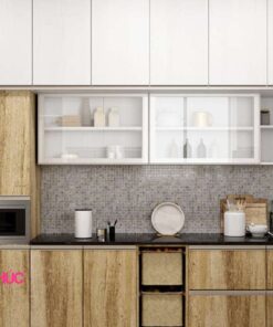 Kệ tủ bếp chữ I melamine tối gian M21-005 vân gỗ cửa kính