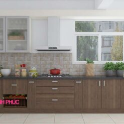 Kệ tủ bếp chữ I melamine tối gian M21-006 vân gỗ cửa kính