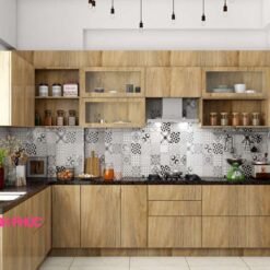 Kệ tủ bếp chữ L melamine vân gỗ M21-007 tối ưu không gian
