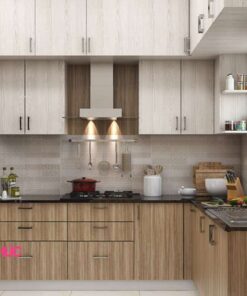 Kệ tủ bếp chữ U melamine đương đại M21-001 vân gỗ tự nhiên