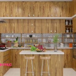 Kệ tủ bếp chữ U melamine đương đại M21-004 vân gỗ tự nhiên