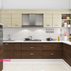Kệ tủ bếp chữ L melamine tối giản M21-003 vân gỗ tương phản
