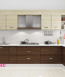 Kệ tủ bếp chữ L melamine tối giản M21-003 vân gỗ tương phản