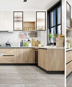 Tủ bếp chữ L chất liệu melamine vân gỗ KTB-L-20-01