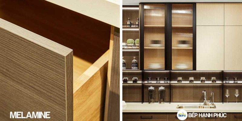 Tủ bếp chữ L chất liệu melamine vân gỗ KTB-L-20-04