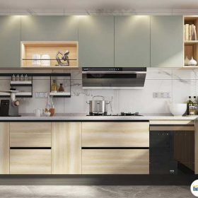 Tủ bếp chữ L chất liệu melamine không tay cầm KTB-L-20-05