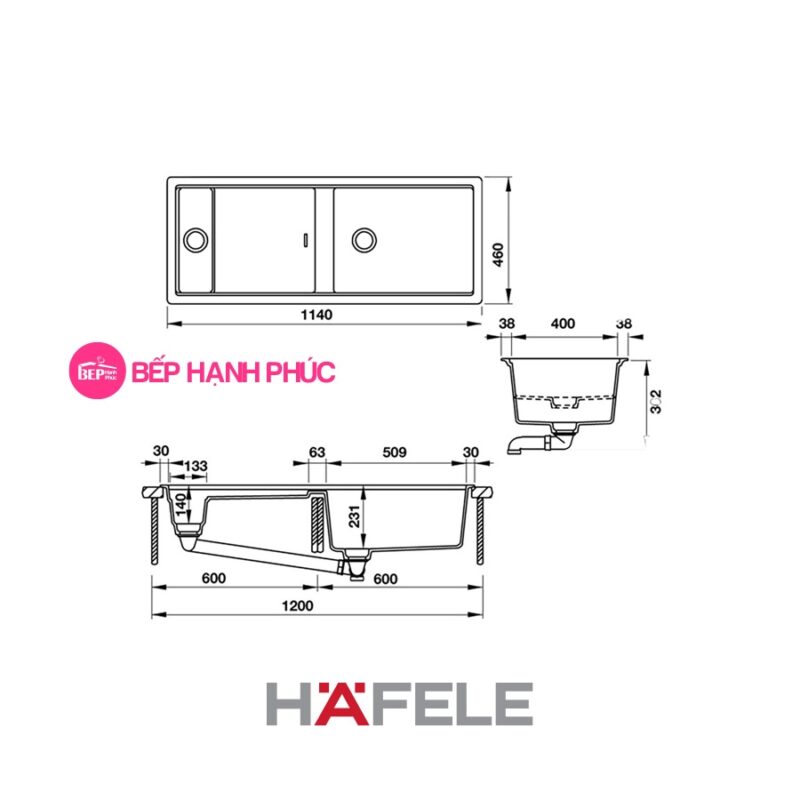 Chậu đá Hafele HS19-GKD2S120 - 2 hố chậu 10 Chậu đá Hafele HS19-GKD2S120 - 2 hố chậu
