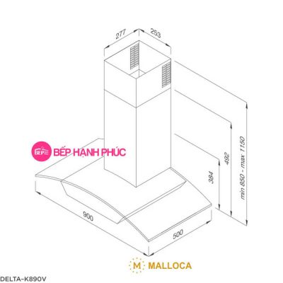 Máy hút mùi Malloca DELTA-K890V - Áp tường 90cm inox kính cong