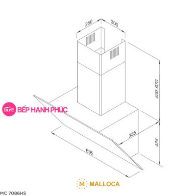 Máy hút mùi Malloca MC-7086HS - Áp tường 70cm mặt vát kính đen