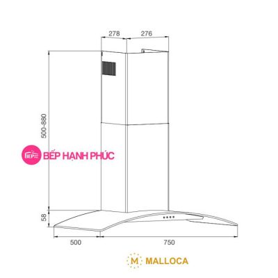 Máy hút mùi Malloca MC 750E - Áp tường 75cm inox kính cong