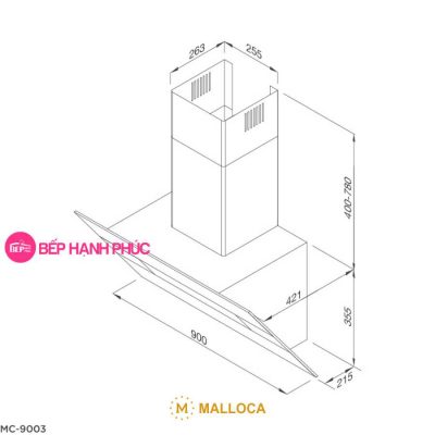 Máy hút mùi Malloca MC-9003 - Áp tường 90cm mặt vát inox sơn đen