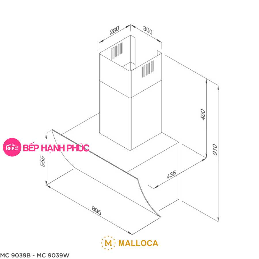 Máy hút mùi Malloca MC 9039W - Áp tường 90cm mặt kính vát cong kính trắng