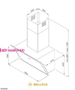 Máy hút mùi Malloca Plana K3444 - Áp tường 90cm mặt vát inox kính đen